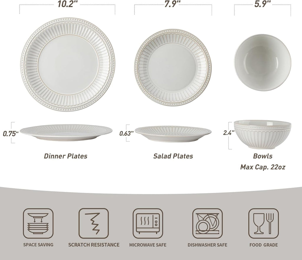Famiware Garden 18-Piece Embossed Plates and Bowls Sets, Stoneware Reactive Glaze Dishes Dinnerware Set, Modern Rustic, Chip & Scratch Resistant, Microwave & Dishwasher Safe, Service for 6, White