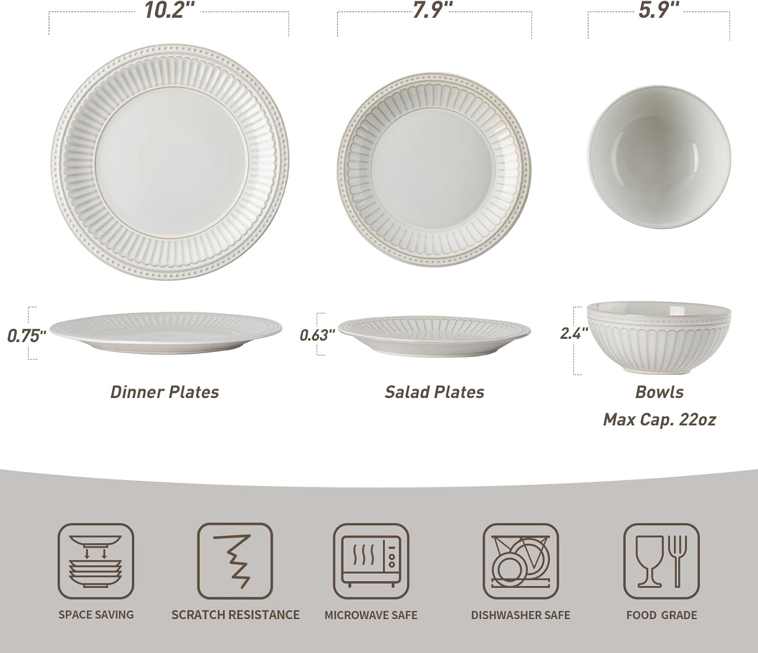 Famiware Garden 18-Piece Embossed Plates and Bowls Sets, Stoneware Reactive Glaze Dishes Dinnerware Set, Modern Rustic, Chip & Scratch Resistant, Microwave & Dishwasher Safe, Service for 6, White