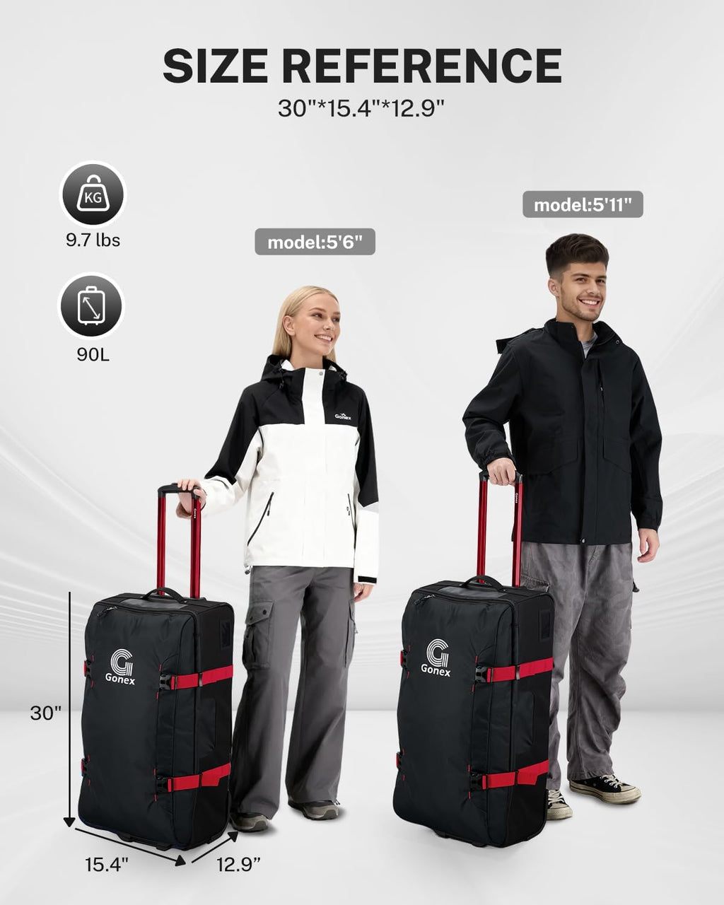 Gonex Rolling Duffle Bag with Wheels, Water-repellent 90L Nylon Large Wheeled Travel Duffel Luggage with TSA Lock & Telescopic Handle 30 inch, Black & Red