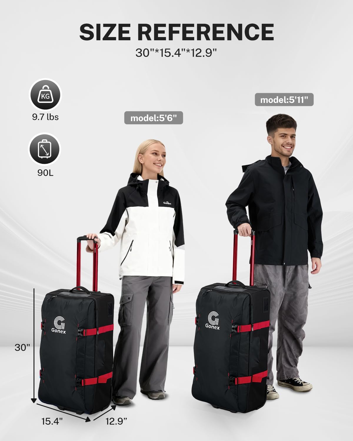 Gonex Rolling Duffle Bag with Wheels, Water-repellent 90L Nylon Large Wheeled Travel Duffel Luggage with TSA Lock & Telescopic Handle 30 inch, Black & Red