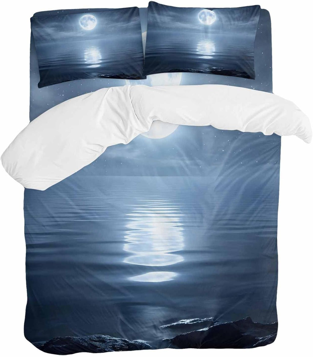 Prime Leader Night Ocean Duvet Cover Set Queen Size 4 Pieces Natural Scenery Moonlight Sparkling Water Bedding Set with Zipper Closure, 1 Comforter Cover 86x86 Inches 1 Flat Sheet & 2 Pillow Cases
