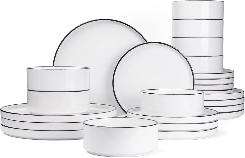 Famiware Nebula Plates and Bowls Set, 24 Pieces Dinnerware Sets, Dishes Set for 8, White with Black Rim