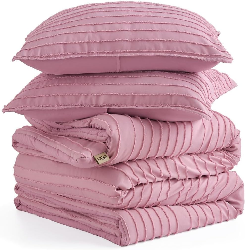 UGG Textured King Comforter Set - 3 Piece Striped Reversible Queen Bedding Set with Pillow Shams, Stylish Soft & Luxurious Pink Bed Set for Home & Bedroom (King)
