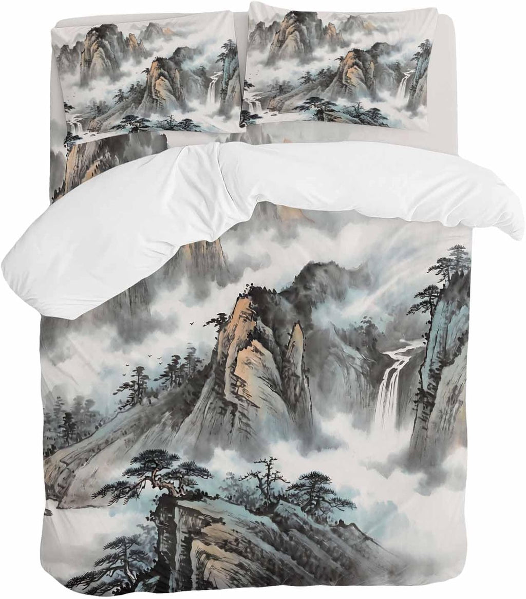 Prime Leader Mountain Cloud Duvet Cover Set Queen Size 4 Pieces Tree Water Ink Painting Chinese Wind Bedding Set with Zipper Closure, 1 Comforter Cover 92x106 Inches 1 Flat Sheet & 2 Pillow Cases