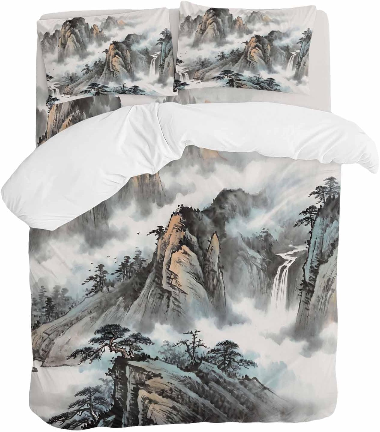 Prime Leader Mountain Cloud Duvet Cover Set Queen Size 4 Pieces Tree Water Ink Painting Chinese Wind Bedding Set with Zipper Closure, 1 Comforter Cover 92x106 Inches 1 Flat Sheet & 2 Pillow Cases