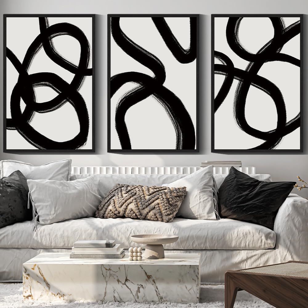 Drsoum Large 24x36in Black and Gray Abstract Framed Wall Art Decor Duotone Minimal Dark Brush Stroke Prints Shapes Illustrations Modern Art Decorative Ready To Hang - Black Framed