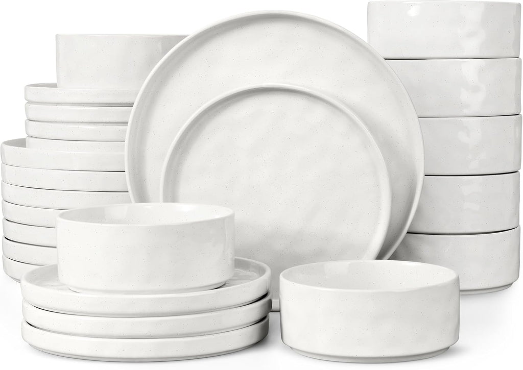 LIANYU 24 Piece Dinnerware Sets for 8, Stoneware Plates and Bowls Dish Set, Kitchen Dinner Ware Speckled Dining Dishware, Microwave & Dishwasher Safe, Polar White