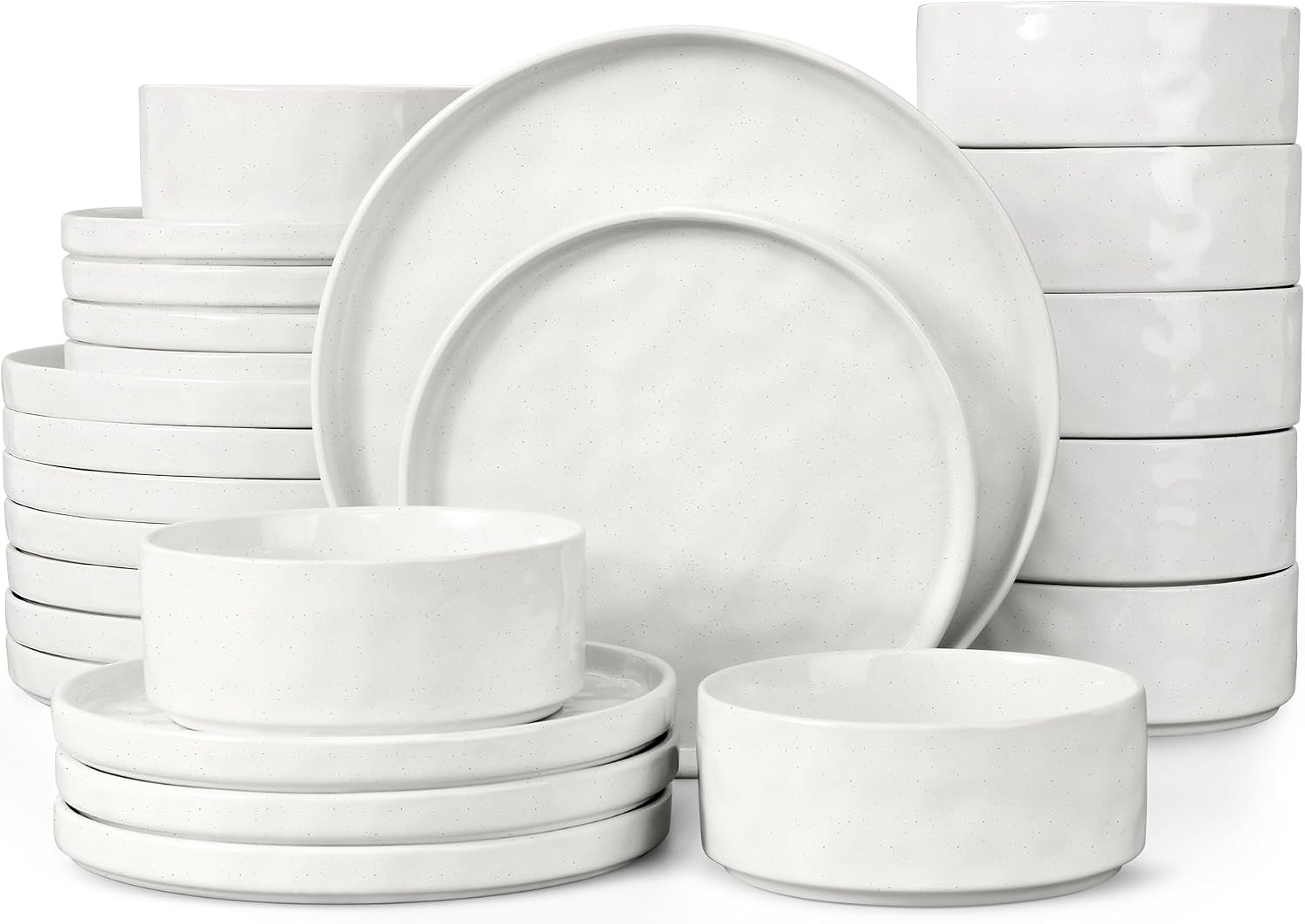 LIANYU 24 Piece Dinnerware Sets for 8, Stoneware Plates and Bowls Dish Set, Kitchen Dinner Ware Speckled Dining Dishware, Microwave & Dishwasher Safe, Polar White