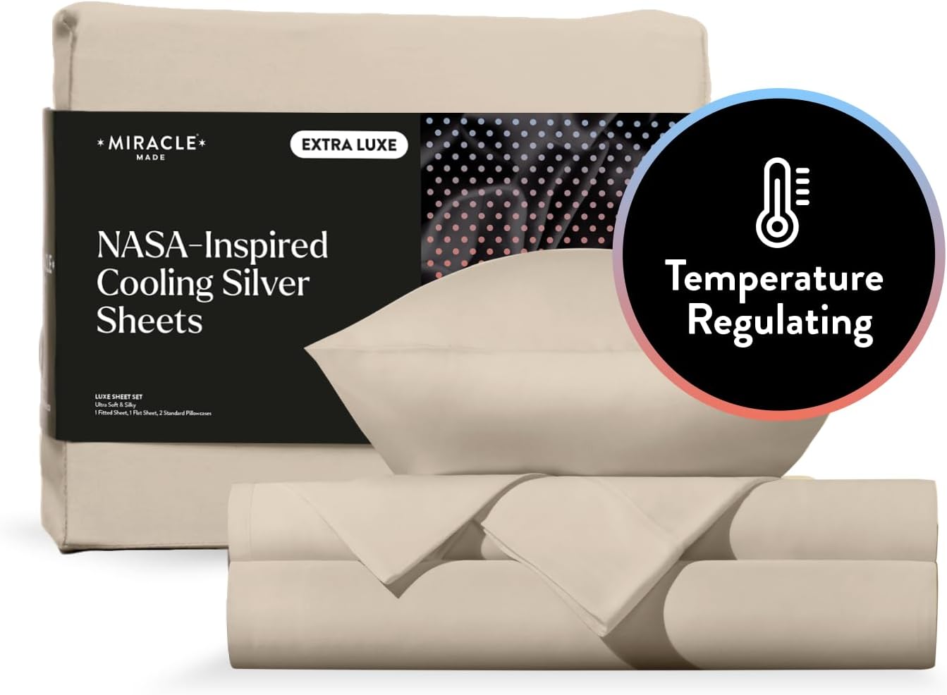 Miracle Made Extra Luxe Soft Cooling Bed Sheet Set, 4-piece Silver-Infused Cotton Fabric – Lightweight, Hypoallergenic Bedding for Hot Sleepers, Queen Size, Sand
