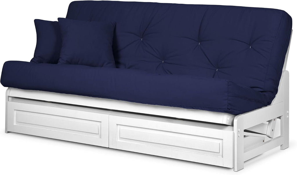 Nirvana Futons Arden White Futon with Storage Drawers Full or Queen Size - Space Saving Armless Design with Comfortable Mattress Included (Twill Navy Blue), Sofa Bed Available in