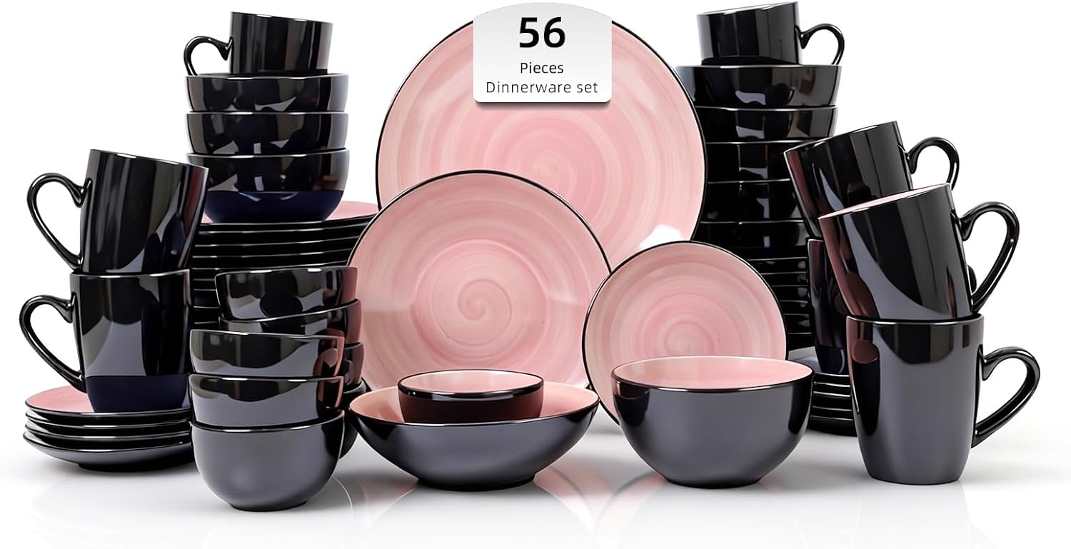 Stoneware Sonoma 56pc Dinnerware Set, Black + Speckled Spin Wash Rose