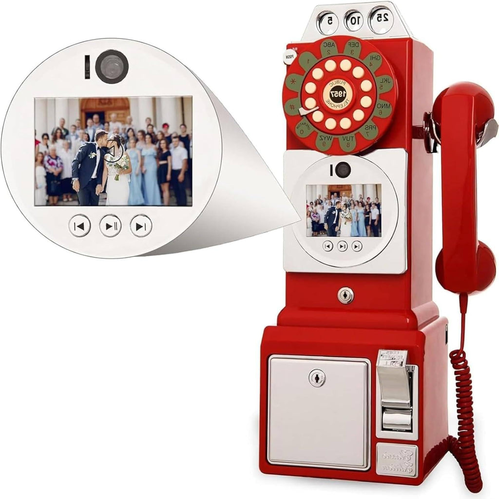 Video Audio Guest Book, 1080P Video Guestbook Wedding Phone, 32G 64G SD Card Customized Video Audio Guest Book with Lens Recording, Retro 1957's Style Vintage Audio Guest Book Audio Messages,Red-32G