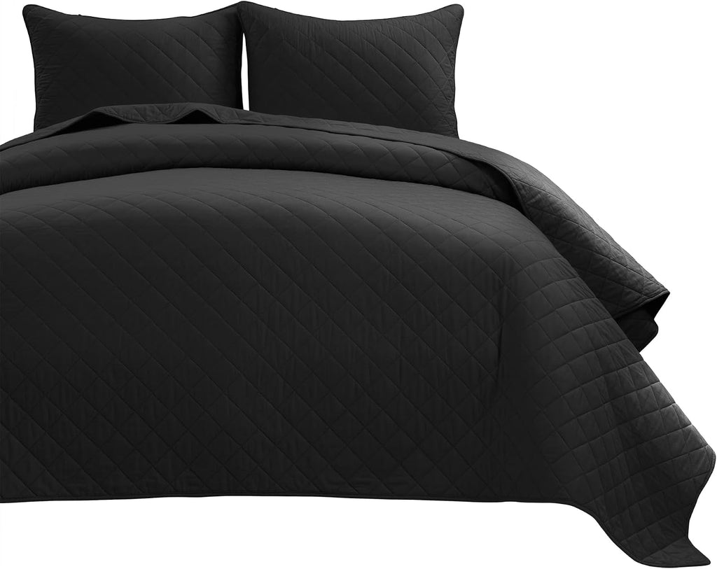 Lush Decor Ava Diamond Cotton Quilt King Size 3 Piece Set Black - Black Bedding Set King Quilt - Modern Minimalist Decor - Fall Quilts