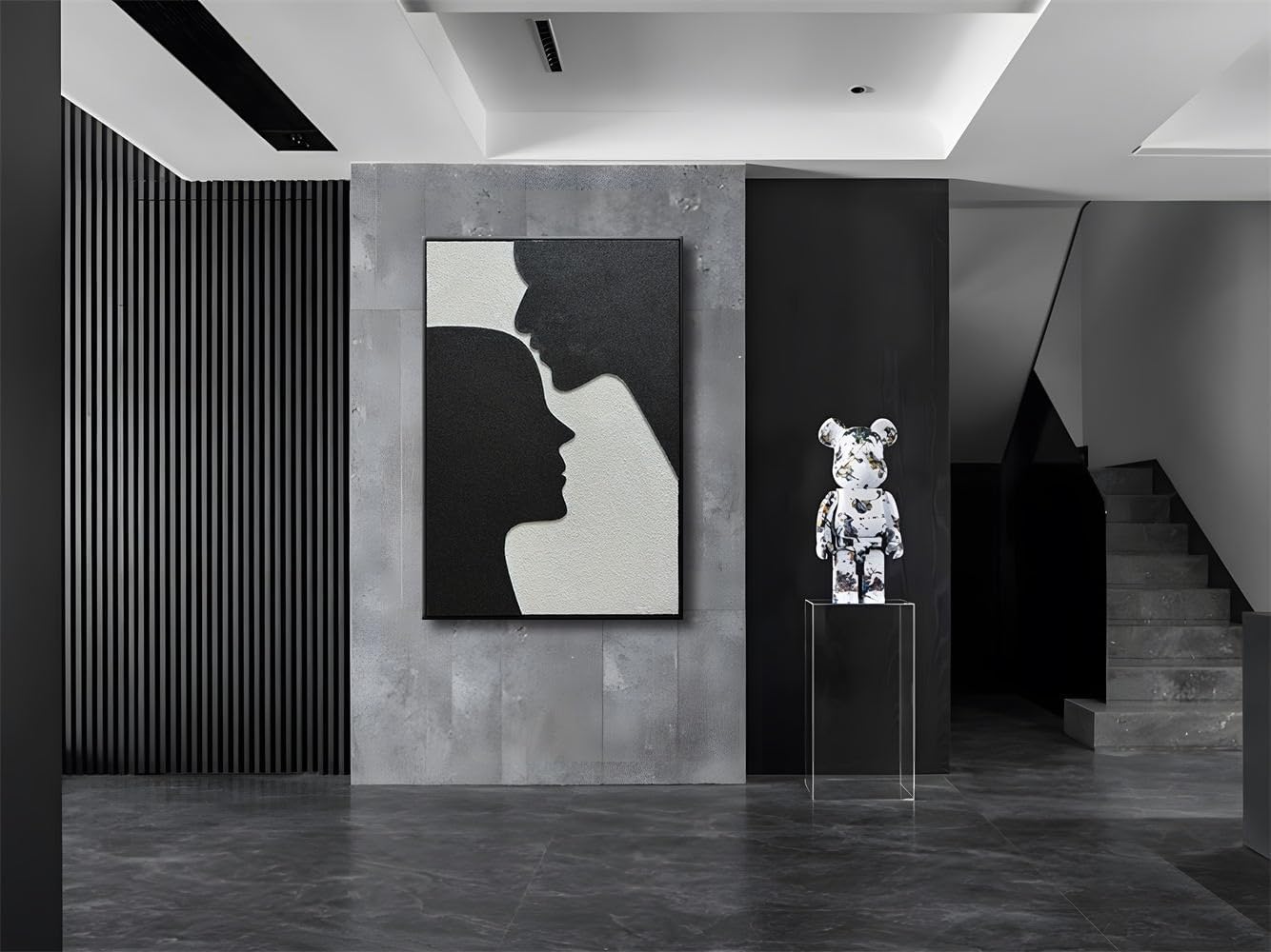 zoinart Creative Black and White Textured Wall Art, Handmade Abstract Romantic Plaster Paintings on Canvas, Relief Art 24x36 inch