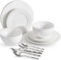KINGSTONE 12-piece Bone China Dinnerware Set and 20-piece silverware, White Lightweight Porcelain for 4, Plates, Bowls with matching flatware, Microwave and Dishwasher Safe, for Family, Gifting