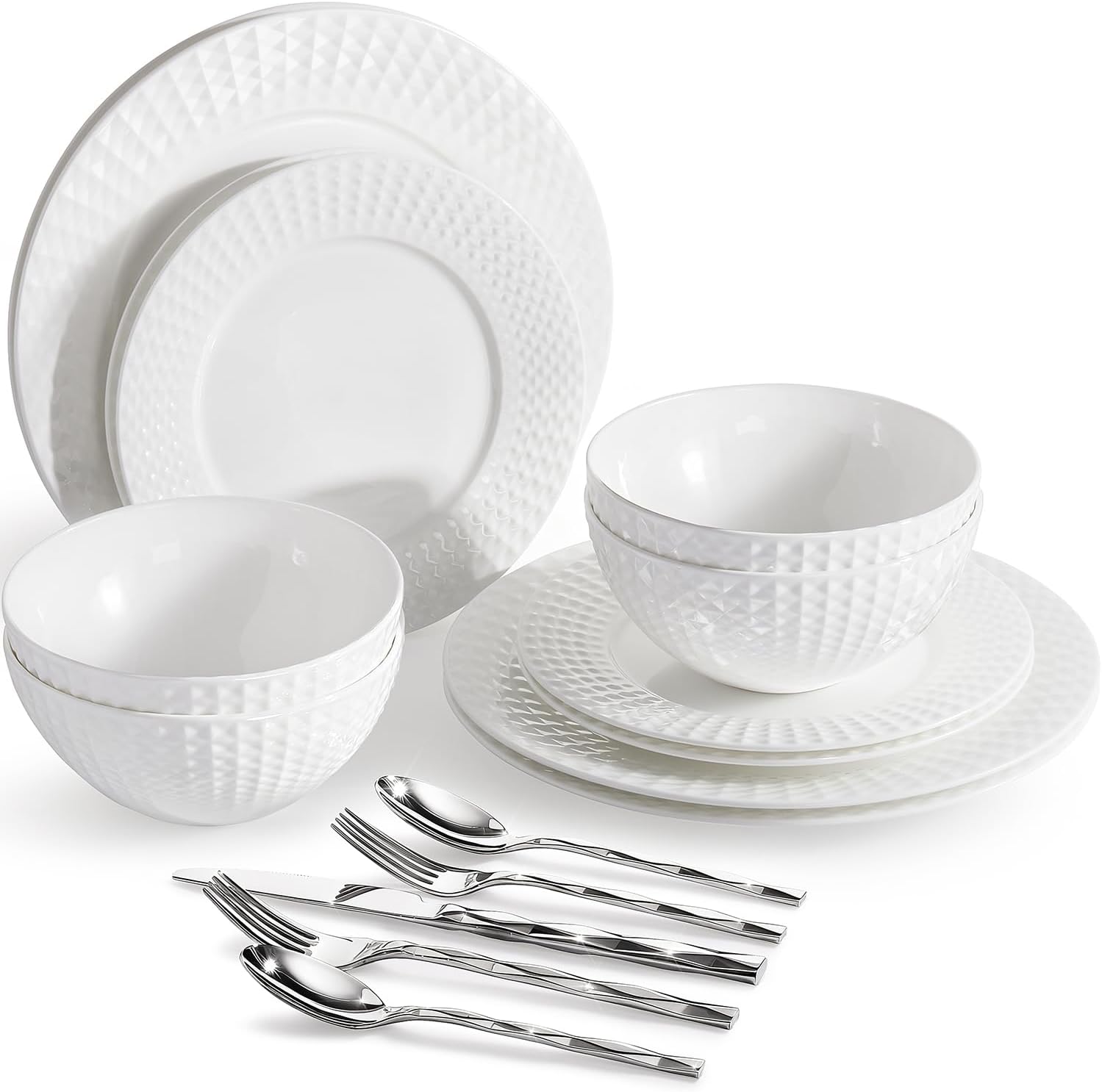KINGSTONE 12-piece Bone China Dinnerware Set and 20-piece silverware, White Lightweight Porcelain for 4, Plates, Bowls with matching flatware, Microwave and Dishwasher Safe, for Family, Gifting