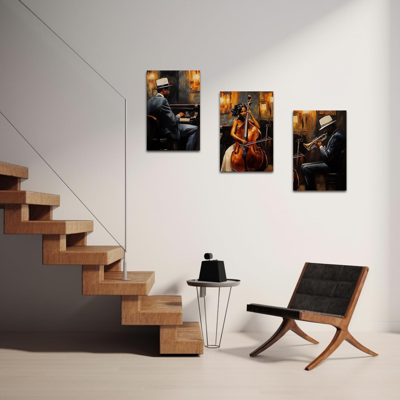 LZIMU Jazz Wall Art Abstract Black Music Picture African American Music Canvas Prints Vintage Jazz Band Painting for Musical Club Classroom Decor Framed (Brown, 24.00' x 36.00' x 3PCS)