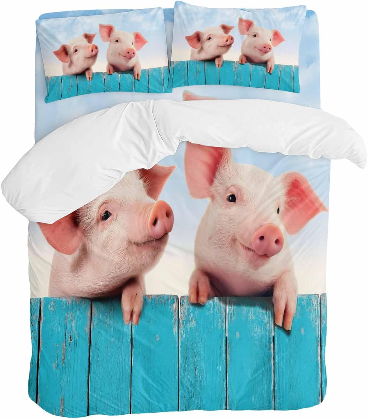 Prime Leader Pigs Duvet Cover Set Queen Size 4 Pieces Farmhouse Cute Pigs Blue Wooden Fence Blue Sky Bedding Set with Zipper Closure, 1 Comforter Cover 92x106 Inches 1 Flat Sheet & 2 Pillow Cases