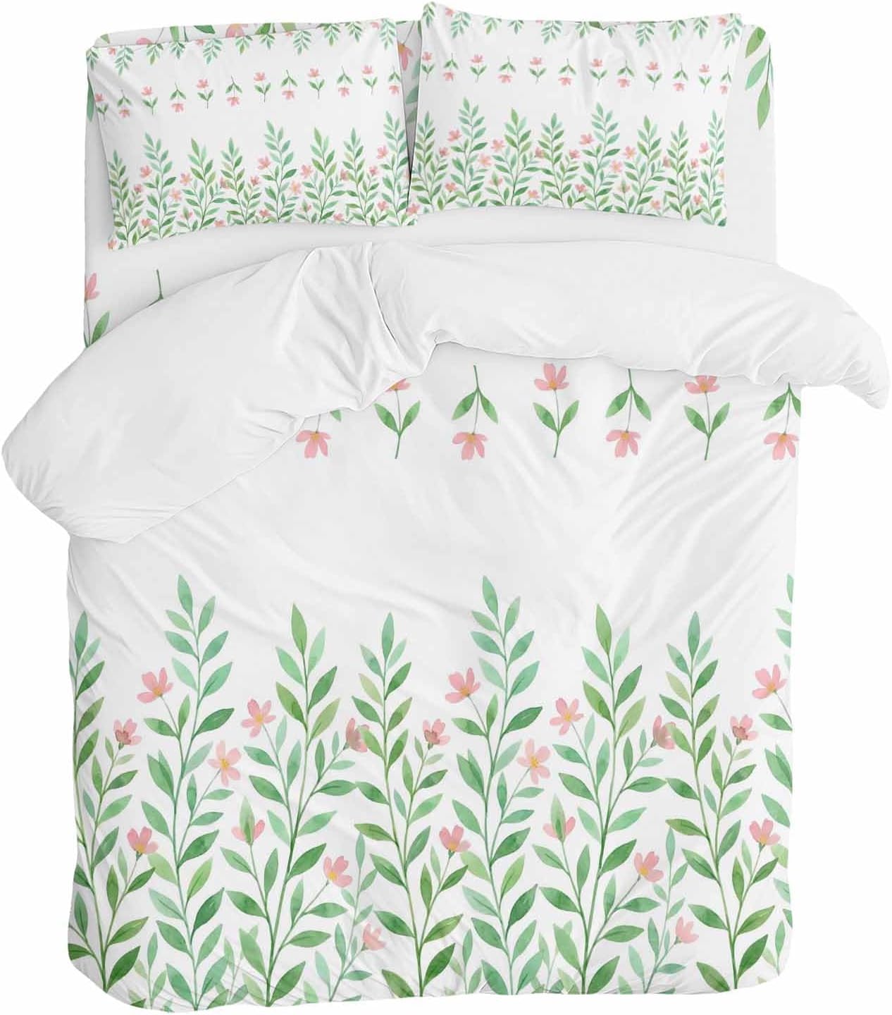 Prime Leader Spring Green Leaf Duvet Cover Set Queen Size 4 Pieces Watercolor Pink Flower Simple Country Bedding Set with Zipper Closure, 1 Comforter Cover 90x92 Inches 1 Flat Sheet & 2 Pillow Cases