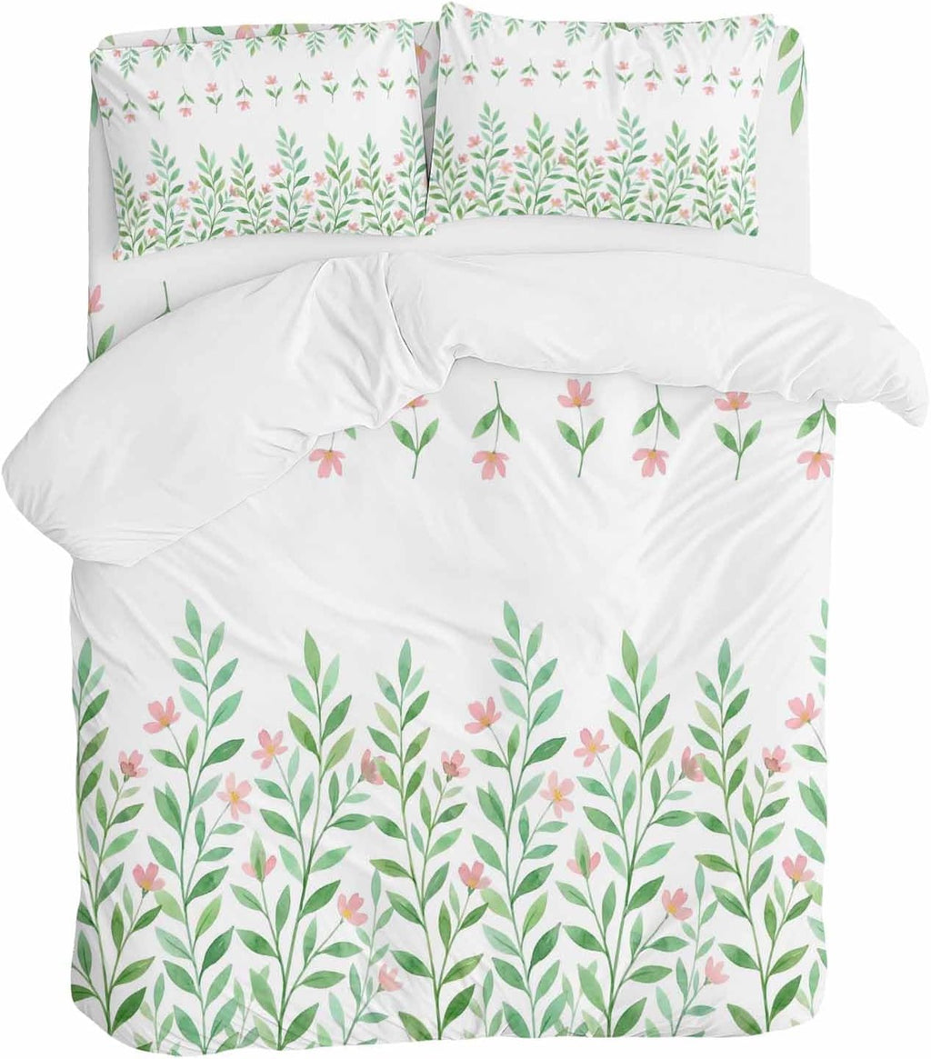Prime Leader Spring Green Leaf Duvet Cover Set Queen Size 4 Pieces Watercolor Pink Flower Simple Country Bedding Set with Zipper Closure, 1 Comforter Cover 86x86 Inches 1 Flat Sheet & 2 Pillow Cases