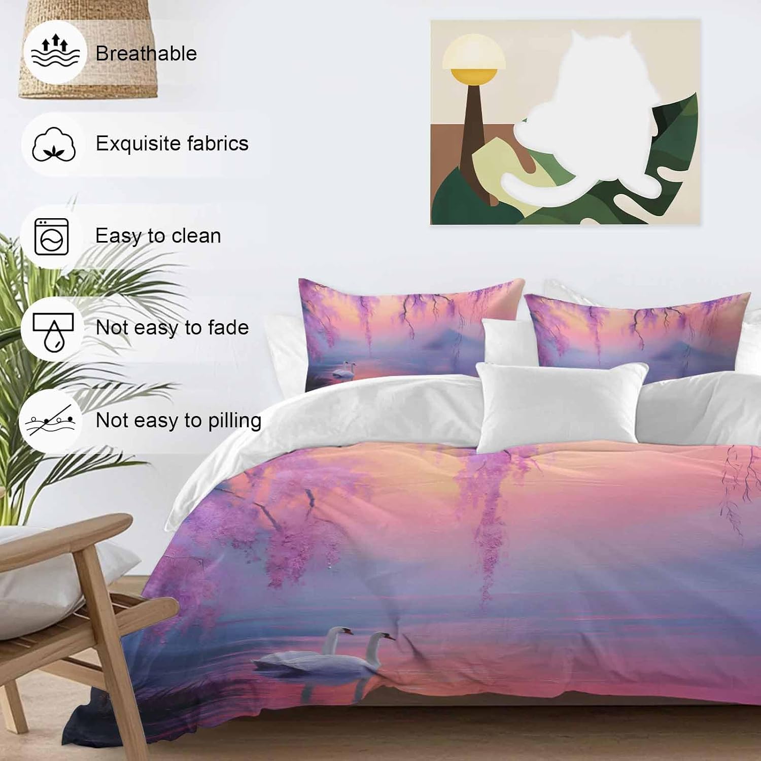 Swan Duvet Cover Set Queen Size 4 Pieces Oil Painting Spring Wisteria Gradient Pink Blue Lake Bedding Set with Zipper Closure, 1 Comforter Cover 86x86 Inches 1 Flat Sheet & 2 Pillow Cases