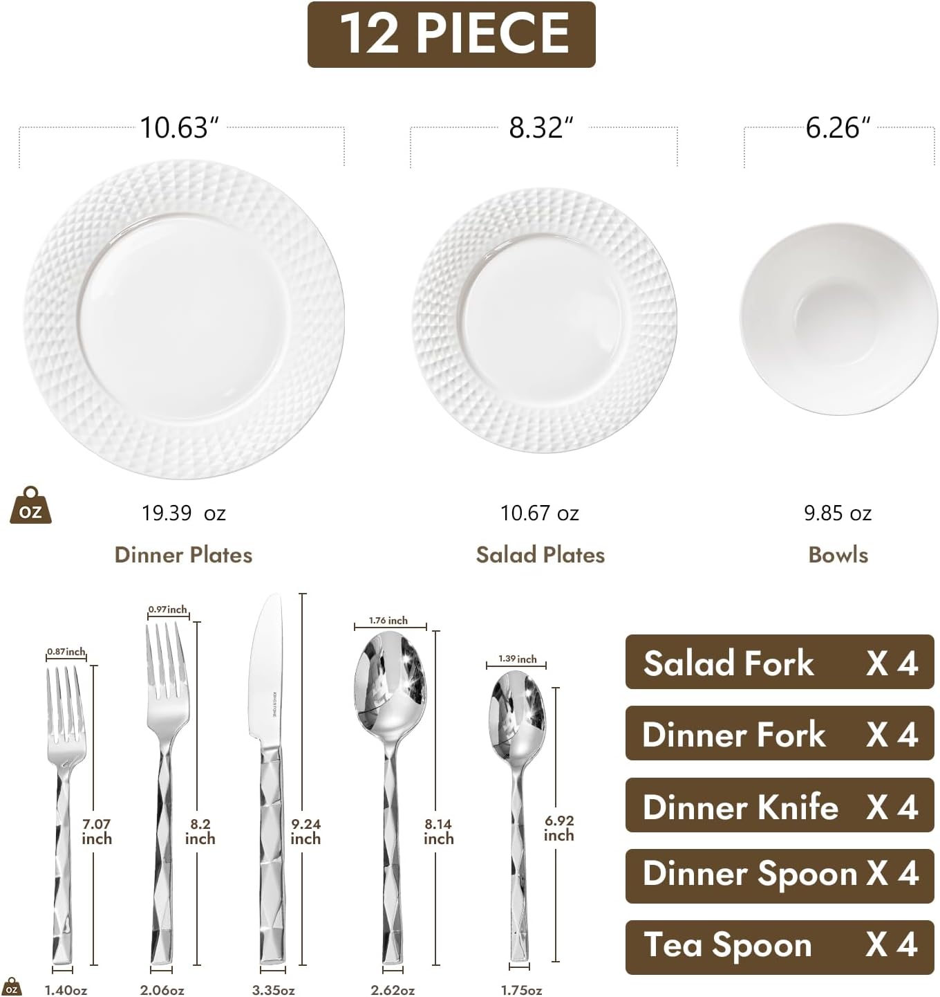 KINGSTONE 12-piece Bone China Dinnerware Set and 20-piece silverware, White Lightweight Porcelain for 4, Plates, Bowls with matching flatware, Microwave and Dishwasher Safe, for Family, Gifting