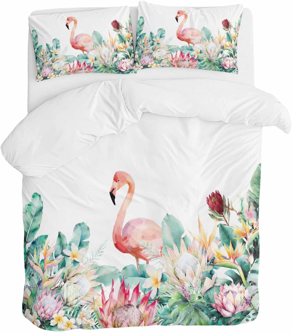 Pastoral Duvet Cover Set Queen Size 4 Pieces Watercolors Green Tropical Floral Plants Flaming Birds Bedding Set with Zipper Closure, 1 Comforter Cover 90x92 Inches 1 Flat Sheet & 2 Pillow Cases