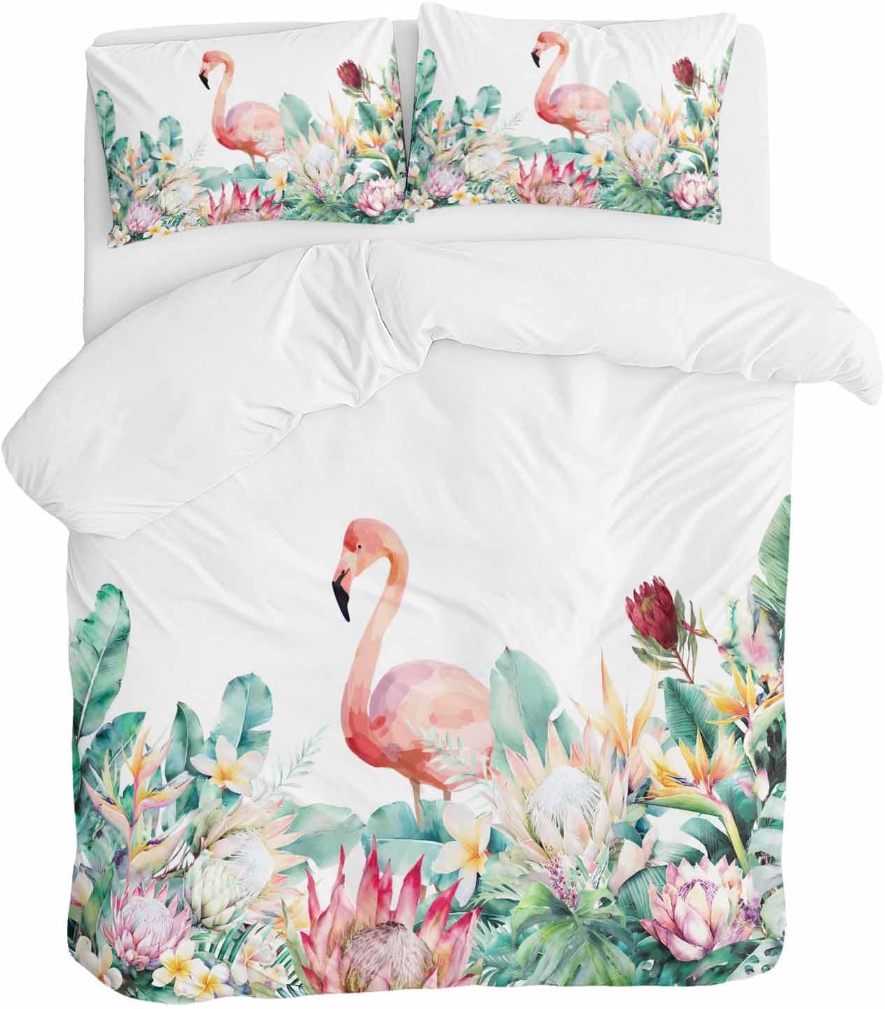 Pastoral Duvet Cover Set Queen Size 4 Pieces Watercolors Green Tropical Floral Plants Flaming Birds Bedding Set with Zipper Closure, 1 Comforter Cover 90x92 Inches 1 Flat Sheet & 2 Pillow Cases