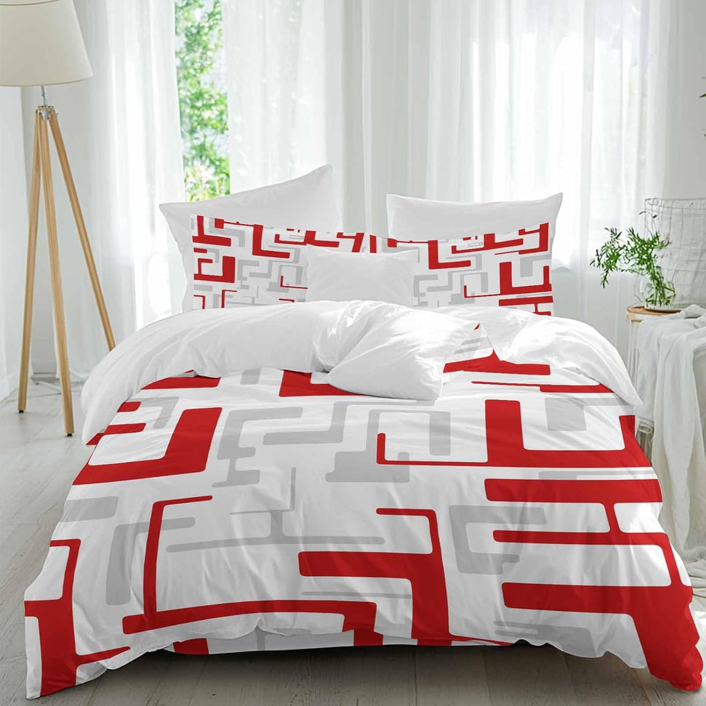 Prime Leader Red Gray Geometric Stripes Duvet Cover Set Queen Size 4 Pieces Modern Abstract Lines Maze Bedding Set with Zipper Closure, 1 Comforter Cover 90x92 Inches 1 Flat Sheet & 2 Pillow Cases