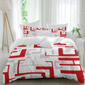 Prime Leader Red Gray Geometric Stripes Duvet Cover Set Queen Size 4 Pieces Modern Abstract Lines Maze Bedding Set with Zipper Closure, 1 Comforter Cover 90x92 Inches 1 Flat Sheet & 2 Pillow Cases