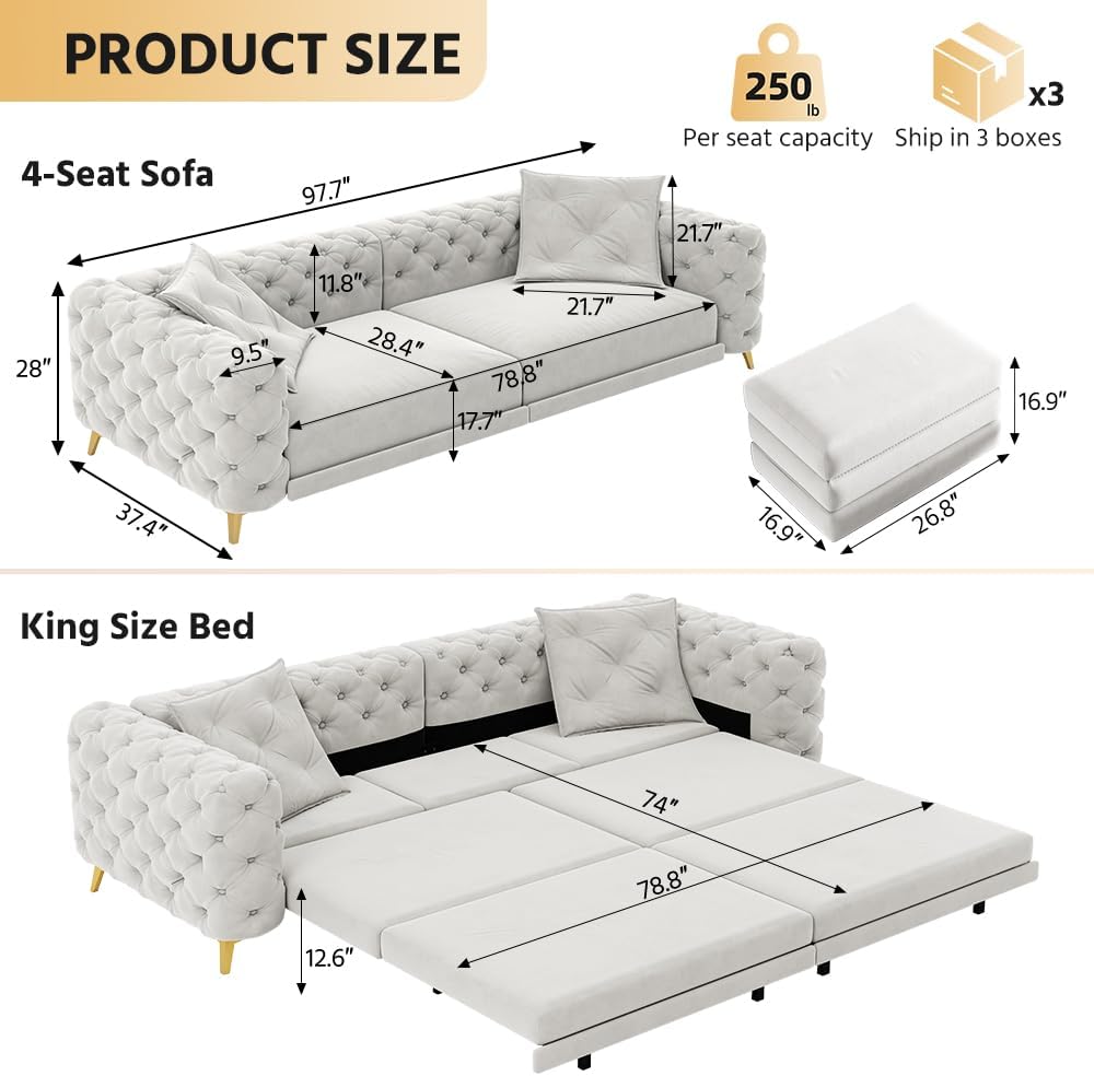 WILLIAMSPACE 97.7' 3-in-1 Convertible Sleeper Sofa Bed, Modern Button Tufted 28.4' Deep Seat Pull Out Couch Bed with Movable Ottoman, Multi-Functional 4-Seater Couch for Living Room, Velvet - Grey