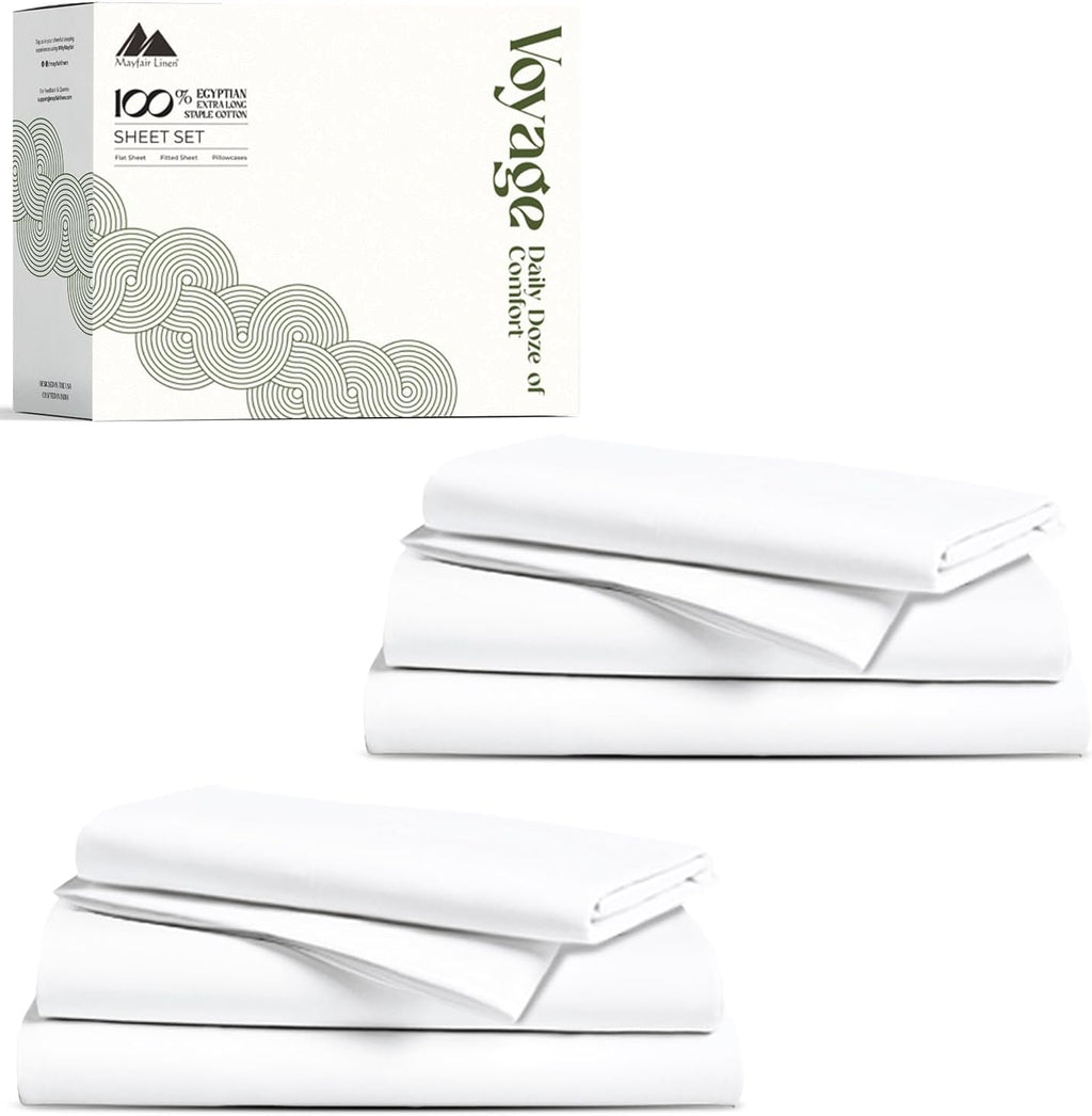 Mayfair Linen 100% Egyptian Cotton Twin Size Sheets Pack of 2 - Luxury 600 Series Voyage Collection Egyptian Cotton Sheets Twin Size (6 PC, White), Soft, Cooling, 16' Deep Pocket Hotel Sheet Set