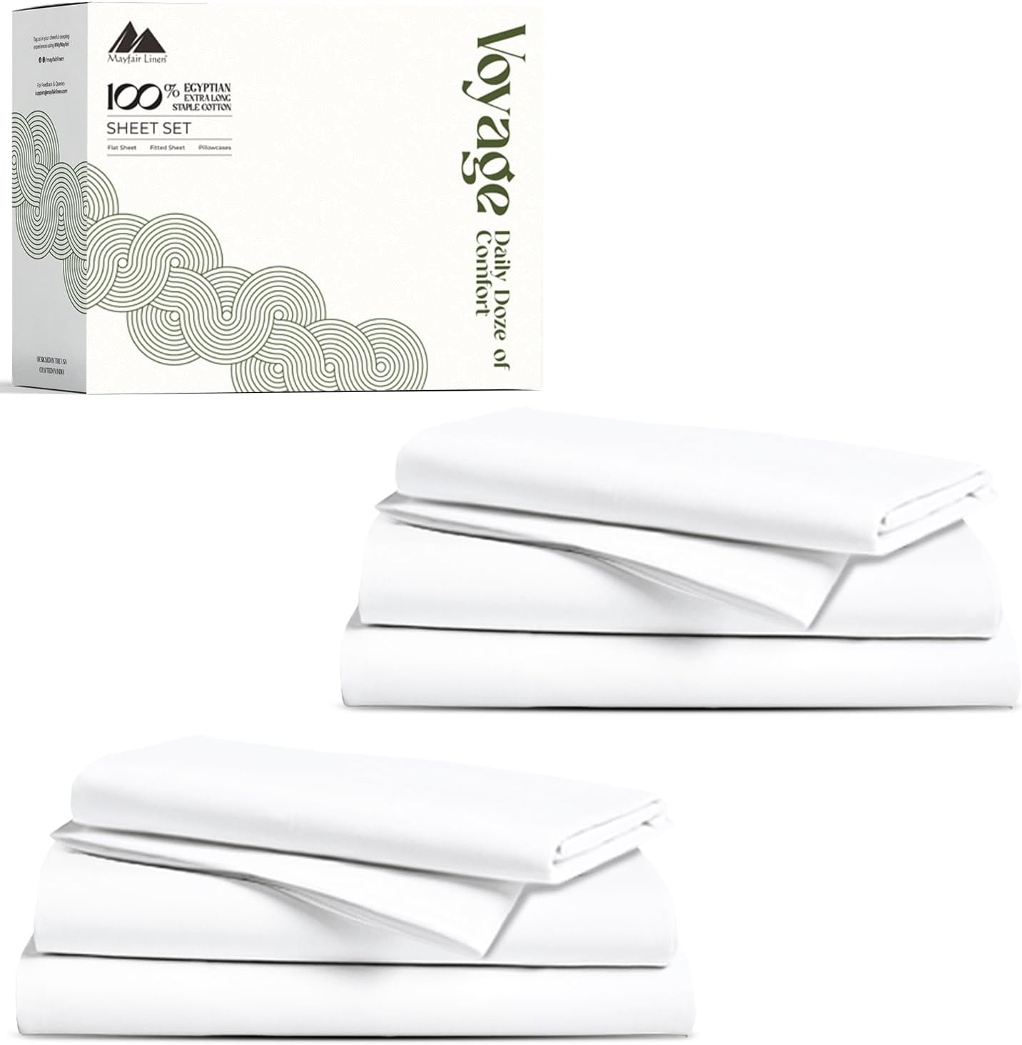 Mayfair Linen 100% Egyptian Cotton Twin Size Sheets Pack of 2 - Luxury 600 Series Voyage Collection Egyptian Cotton Sheets Twin Size (6 PC, White), Soft, Cooling, 16' Deep Pocket Hotel Sheet Set