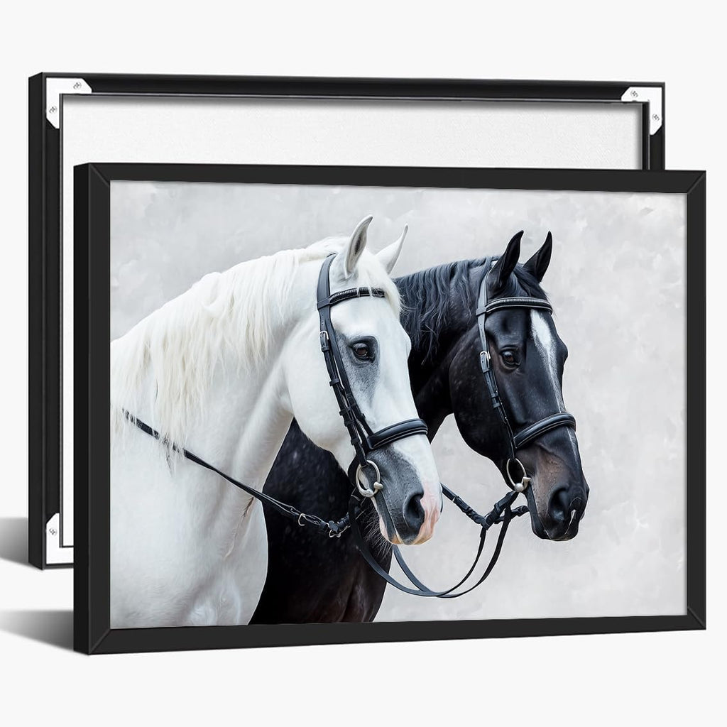 Elegant Horse Pair Canvas Wall Art Black and White Equestrian Portrait Oil Painting for Country Bedroom Living Room Office or Farmhouse Decor 24x36in Large Black aluminum frame
