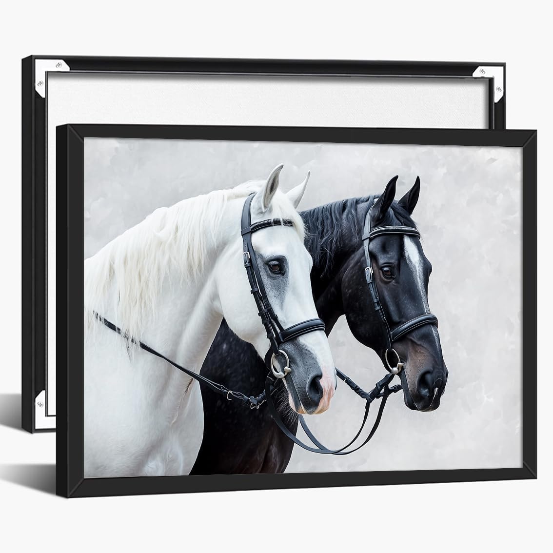 Elegant Horse Pair Canvas Wall Art Black and White Equestrian Portrait Oil Painting for Country Bedroom Living Room Office or Farmhouse Decor 24x36in Large Black aluminum frame