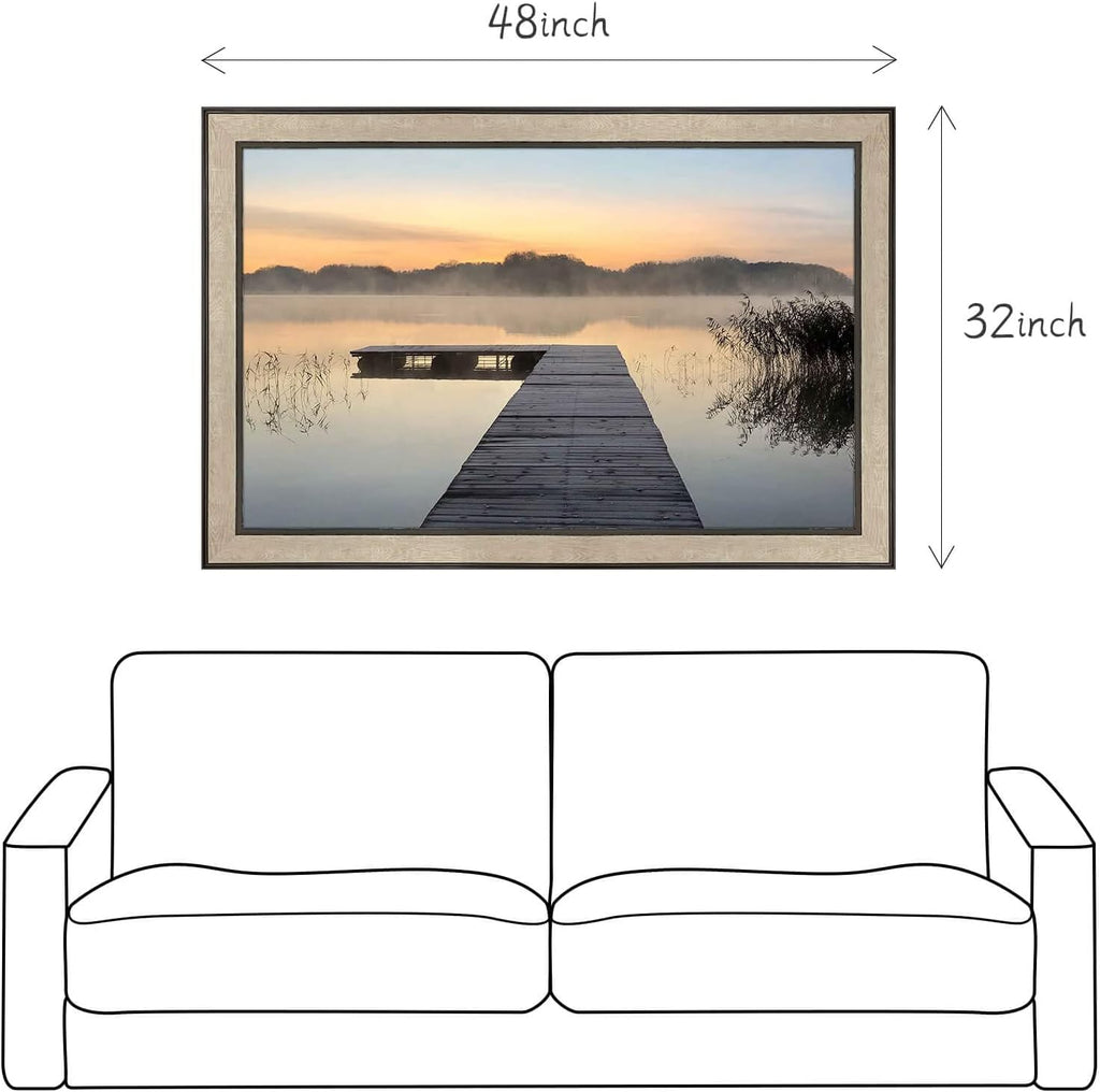 Lake Bedroom Wall Art Canvas: Framed Relaxing Large Home Office Sunrise Nature Landscape Pier Picture Decor Modern Living Room Dock Scene Painting Print Horizontal Foggy Mountain Forest Artwork
