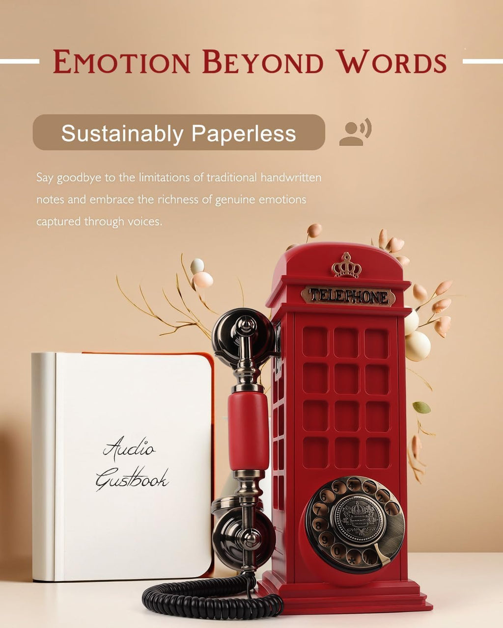 Audio Guest Book Wedding Phone with Vintage Phone Booth Design, Record Customized Audio Message Guest Book for Wedding, Party and Gathering, Red