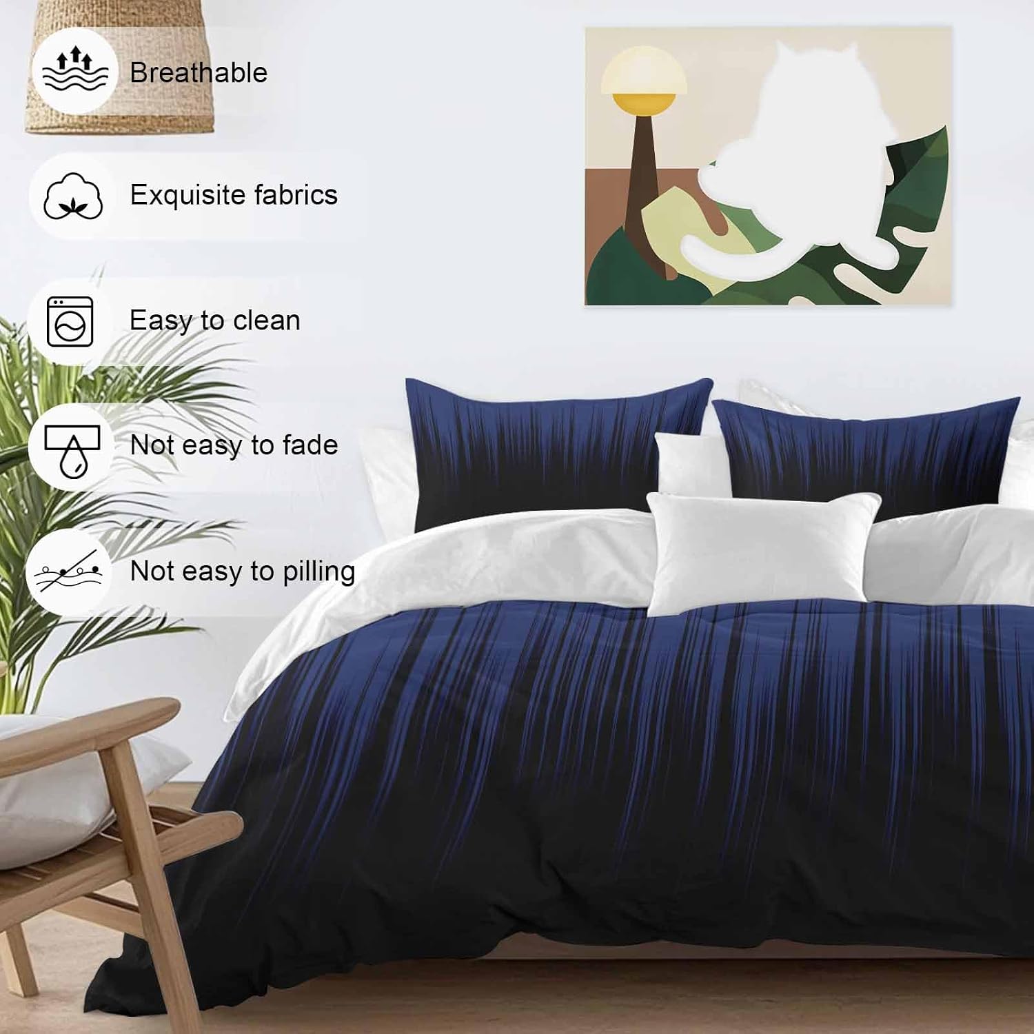 Prime Leader Navy Blue Black Ombre Duvet Cover Set Queen Size 4 Pieces Abstract Modern Lines Gradient Bedding Set with Zipper Closure, 1 Comforter Cover 90x92 Inches 1 Flat Sheet & 2 Pillow Cases