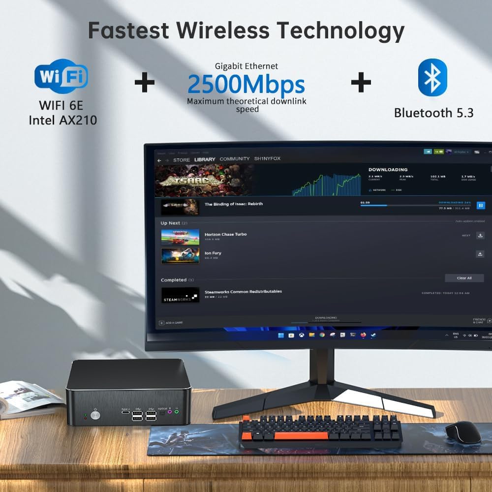 Thdeukoty Mini PC with Core i9-9880H 8C/16T up to 4.8GHz, 64G DDR4 2T SSD, Desktop Computer Windows 11 Pro, DP*1, HDMI*2 4K@60Hz Triple Display, Optical, Dual LAN, WiFi6E/BT5.3,VESA