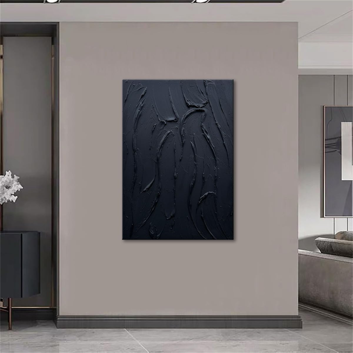 zoinart Hand Painted Large Thick Texture Black Minimalist Oil Paintings Contemporary Art Oil on Canvas Vertical Wall Art Home Office Corridor Wall Art