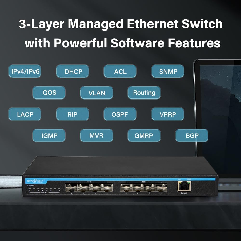 8-Port 10Gb SFP+ Layer 3 Managed Switch | Supports VLAN, QoS, LACP, OSPF, BGP | Desktop/Wall Mount | for Office, NAS, Workstation