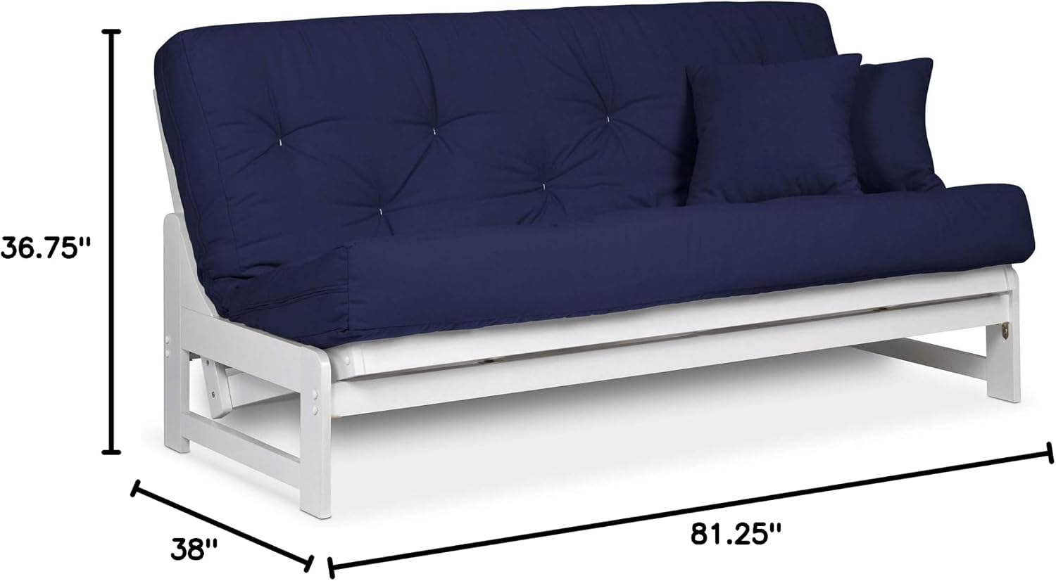 Nirvana Futons Arden White Futon Set Queen Size - Armless Futon Frame with Mattress Included (Twill Navy Blue), Space Saving Modern Sofa Bed Sleeper