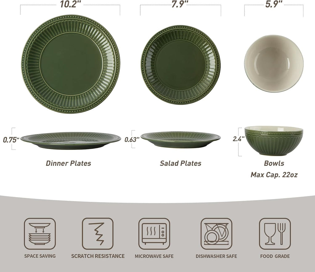 Famiware Garden 24-Piece Embossed Plates and Bowls Sets, Stoneware Reactive Glaze Dishes Dinnerware Set, Modern Rustic, Chip & Scratch Resistant, Microwave & Dishwasher Safe, Service for 8, Dark Green