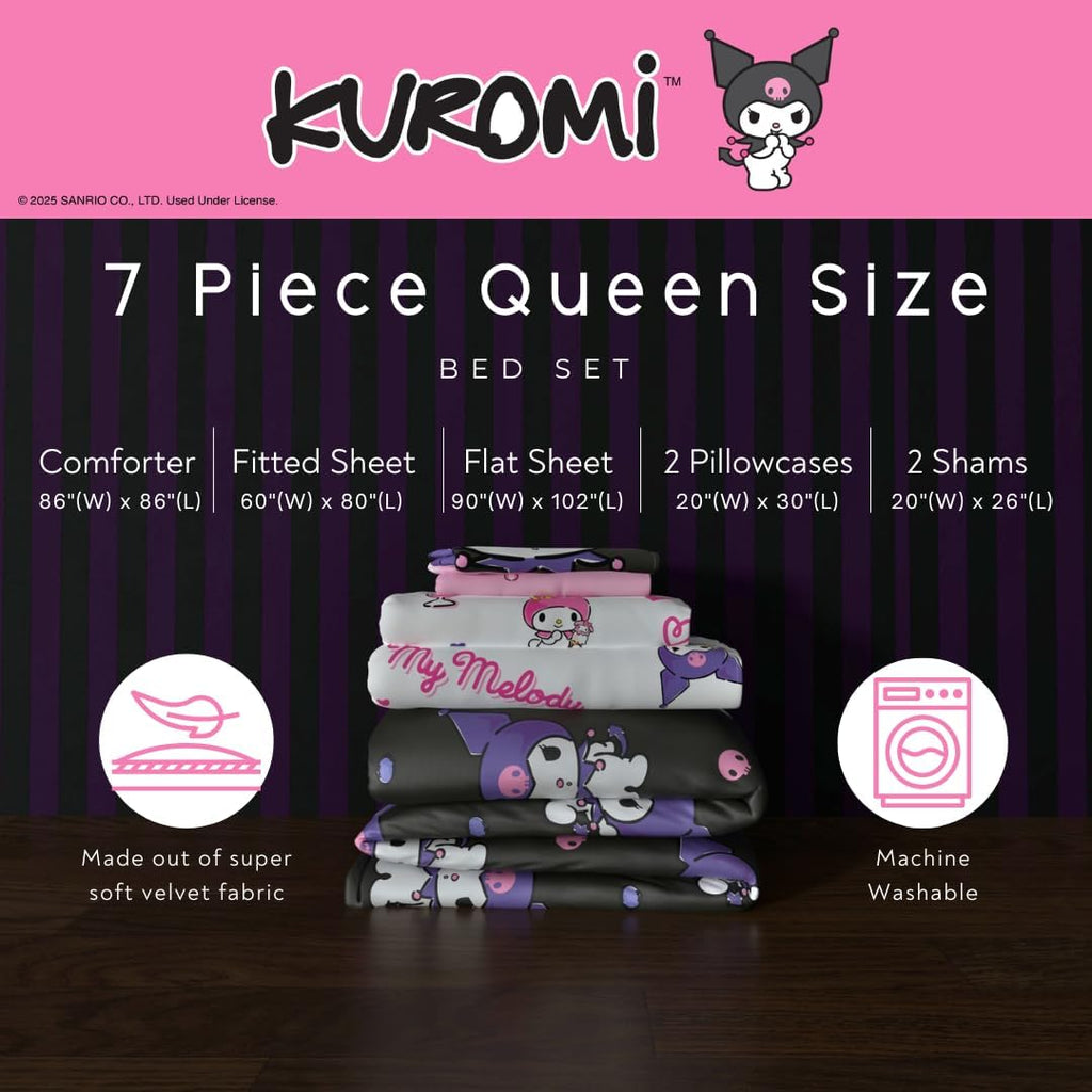 Sanrio Kuromi & My Melody Bedding 7 Piece Super Soft Cozy Reversible Comforter and Sheet Set with Sham, Queen, (100% Official Licensed Product) By Franco