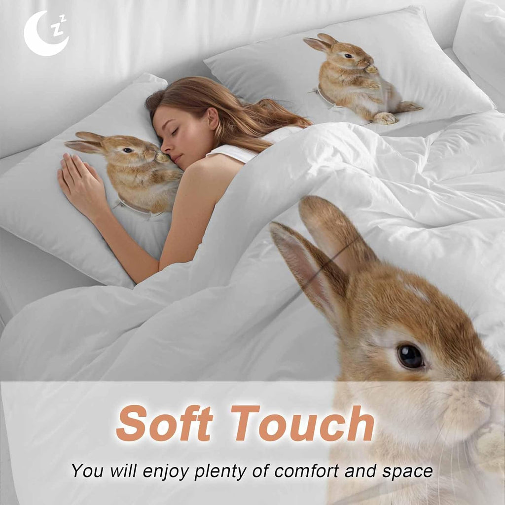 Rabbit Sitting on The Toilet Thinking Duvet Cover Set Queen Size 4 Pieces Abstract Funny Animal Bedding Set with Zipper Closure, 1 Comforter Cover 86x86 Inches 1 Flat Sheet & 2 Pillow Cases