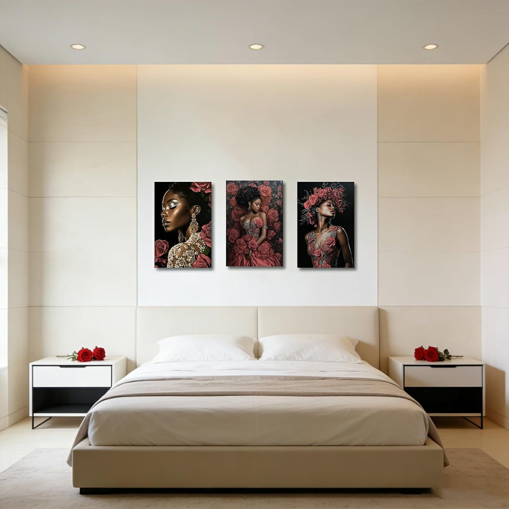 CHAOSETKEN 3 Pieces African American Wall Art Black Woman Flower Head Pictures Abstract Afro Girl & Rose Canvas Paintings Black Art Prints for Bedroom Decor Frame (Pink,24.00' x 36.00' x 3PCS)