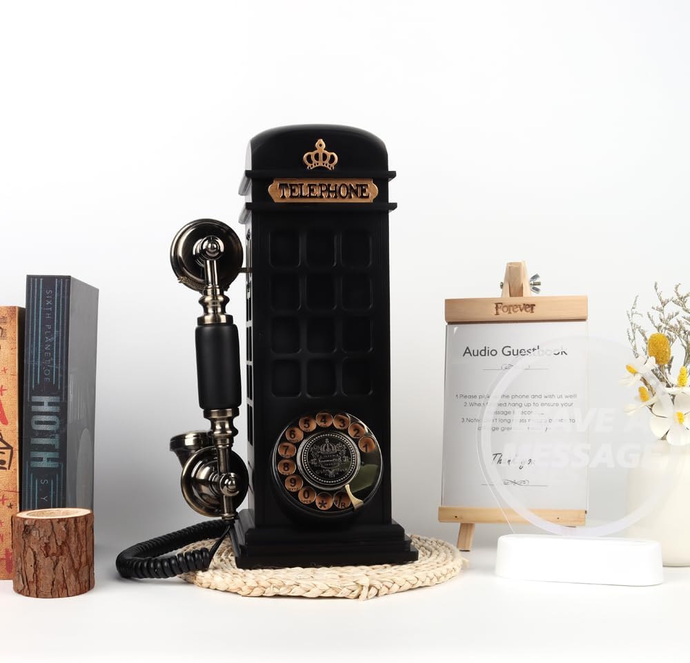 Audio Guest Book Wedding Phone with Vintage Phone Booth Design, Record Customized Audio Message Guest Book for Wedding, Party and Gathering, Black