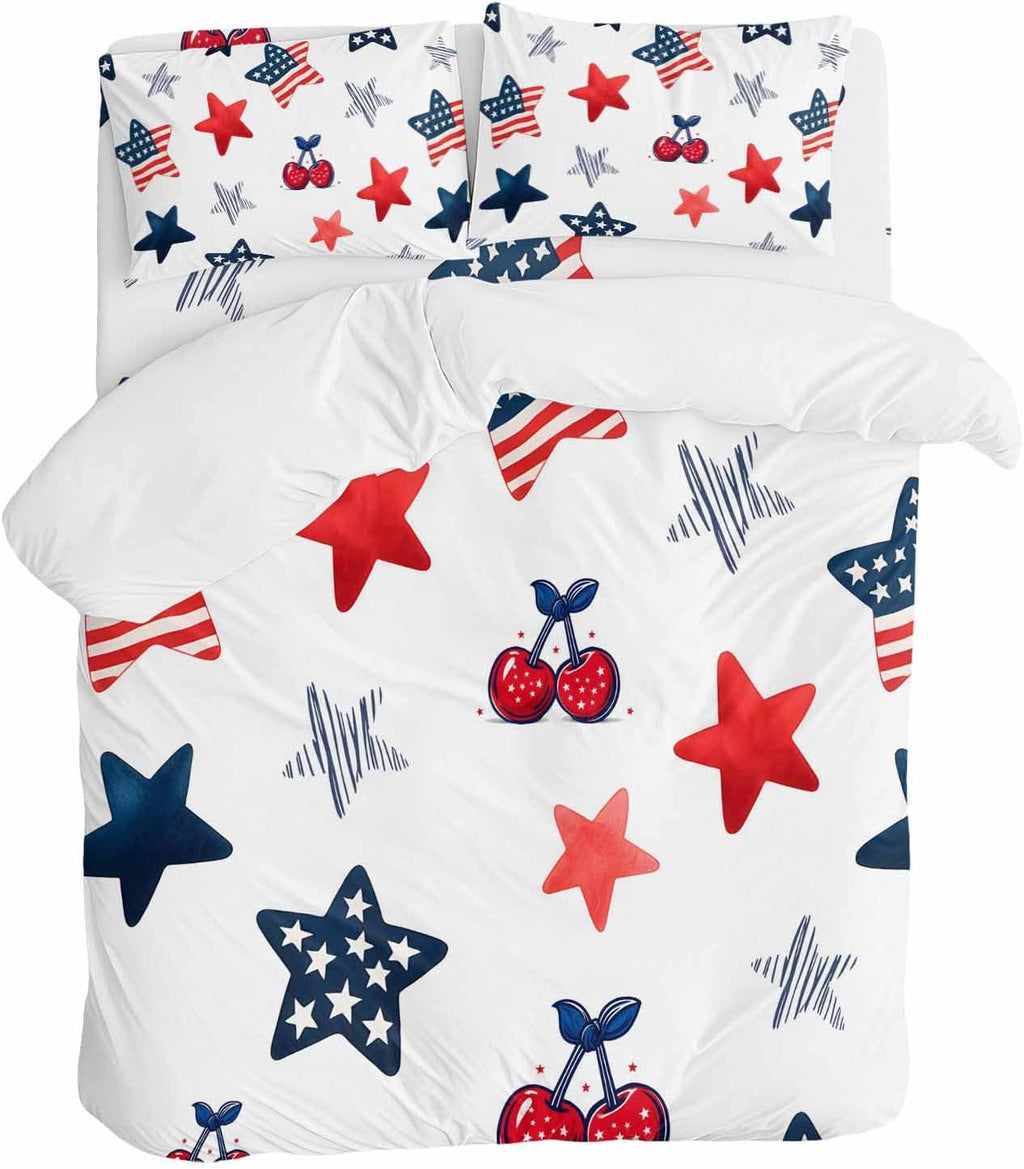 Independence Day Duvet Cover Set Queen Size 4 Pieces Graffiti Five-Pointed Star Cartoon Polka Dot Cherry Bedding Set with Zipper Closure, 1 Comforter Cover 86x86 Inches 1 Flat Sheet & 2 Pillow Cases