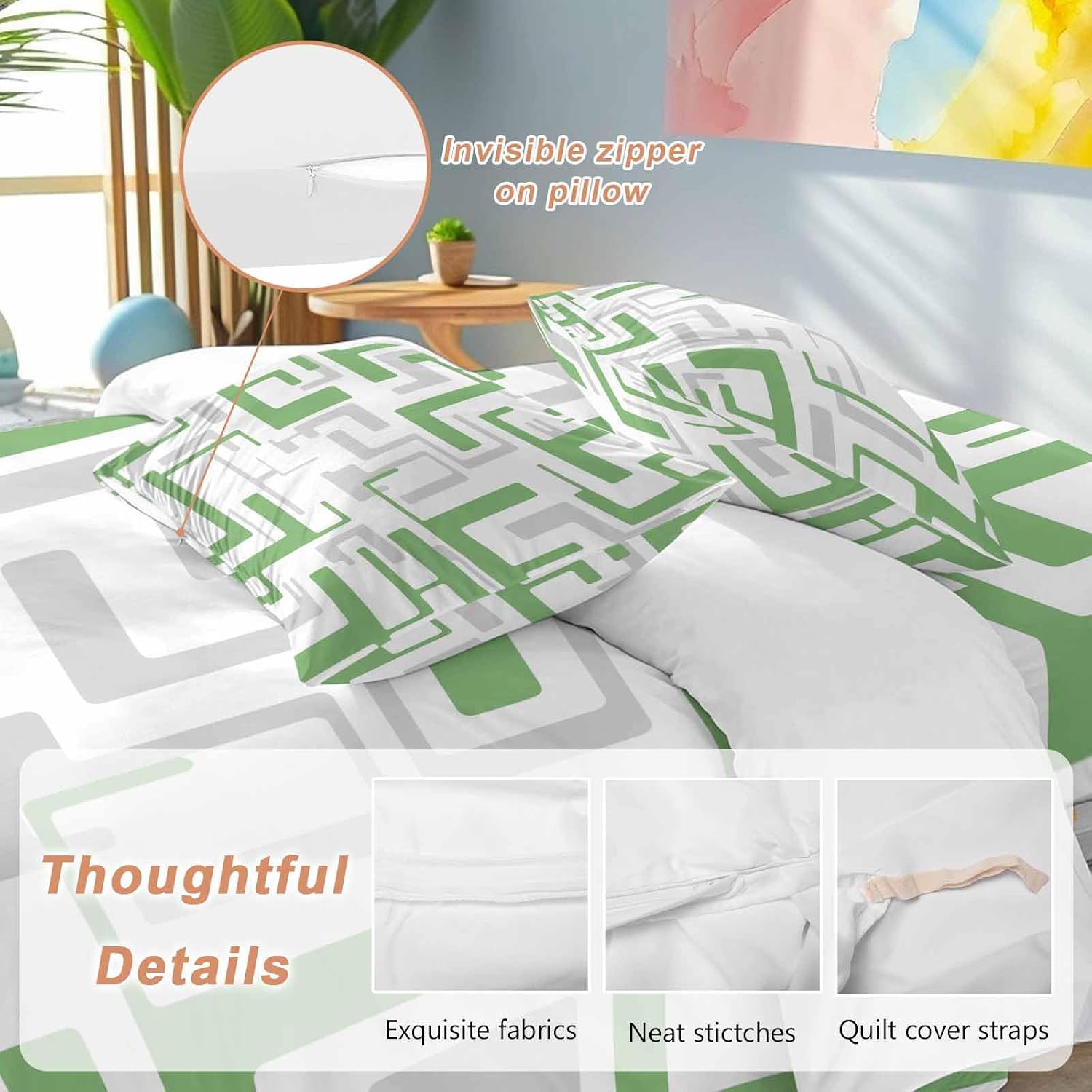 Prime Leader Green Gray Geometric Stripes Duvet Cover Set Queen Size 4 Pieces Modern Abstract Lines Maze Bedding Set with Zipper Closure, 1 Comforter Cover 92x106 Inches 1 Flat Sheet & 2 Pillow Cases