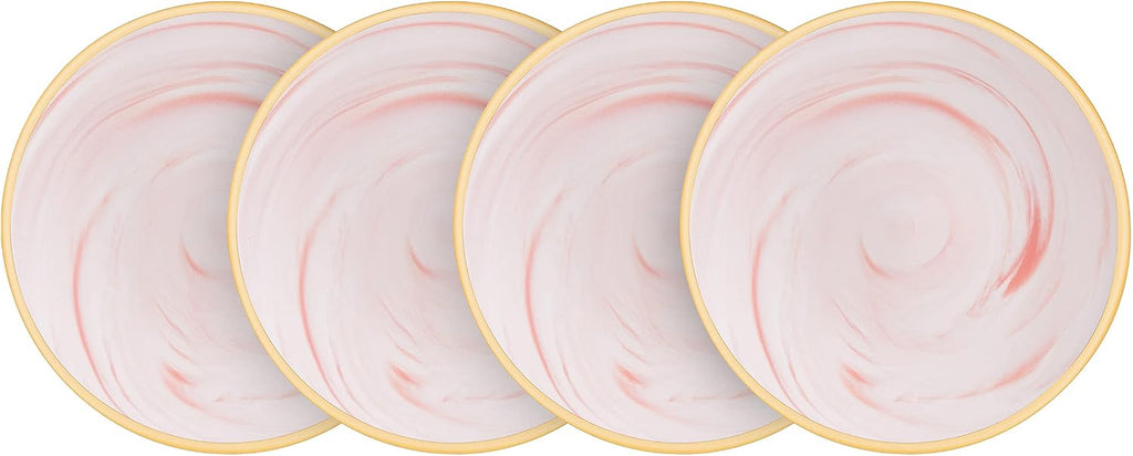 16 Piece Plates and Bowls Sets, Fine China Artisan Marbled Dinner Set for 4, Dishwasher Safe, Scratch Resistant, Pink with Gold Line